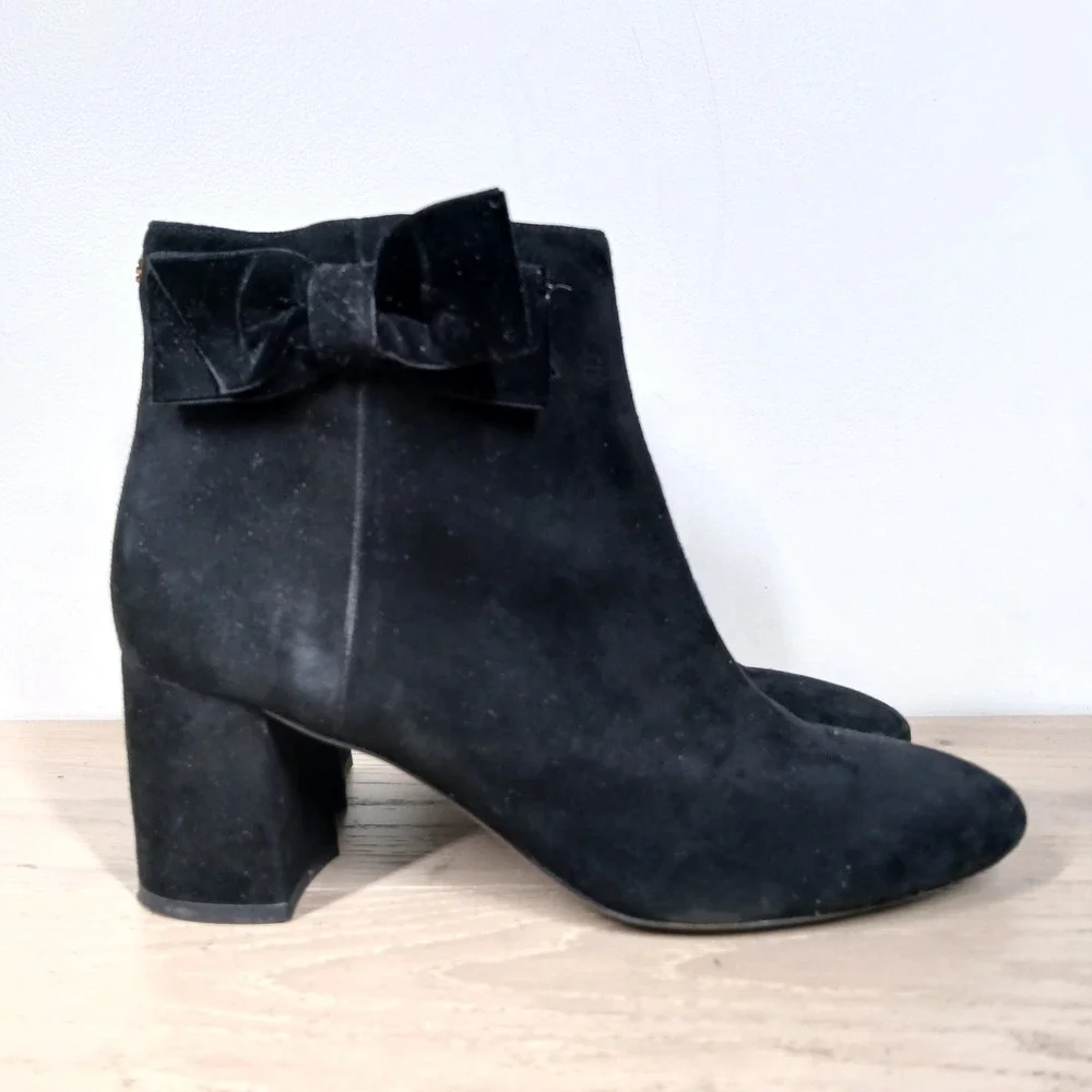 Kate Spade Ankle Boots Womens 9.5 Black Suede Bow Block Heel Feminine Dressy